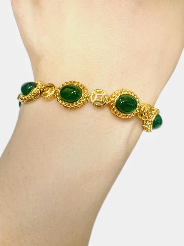 Daily Costume Jewelry Accessory Gold-Tone Bracelet with Green Oval Stones and Heart Charm for Everyday Wear Length 18.5mm with Extend 4mm (L007)