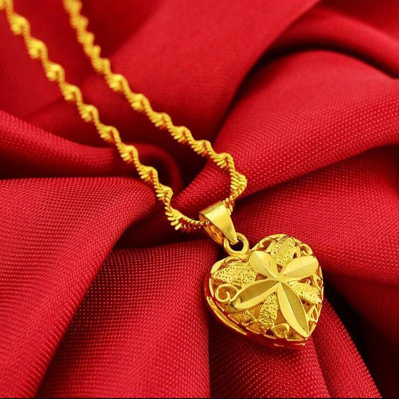 Euro Coin Jewelry Heart-Shaped Water Wave Pendant Chain L038 24K Color Fashion Style Herringbone Necklace for Women Gold Filled Finish All-Matching Fashion Accessory