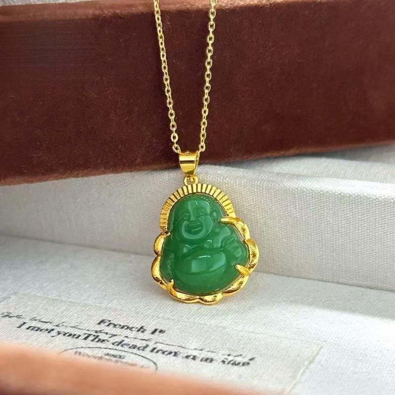 Gold Filled Chalcedony Maitreya Buddha Pendant Necklace Brass Gold Filled Hetian Jade Gold Inlaid Jade Women's Pendant Wholesale (L111) faith  based  jewelry mom ever book necklace unique design