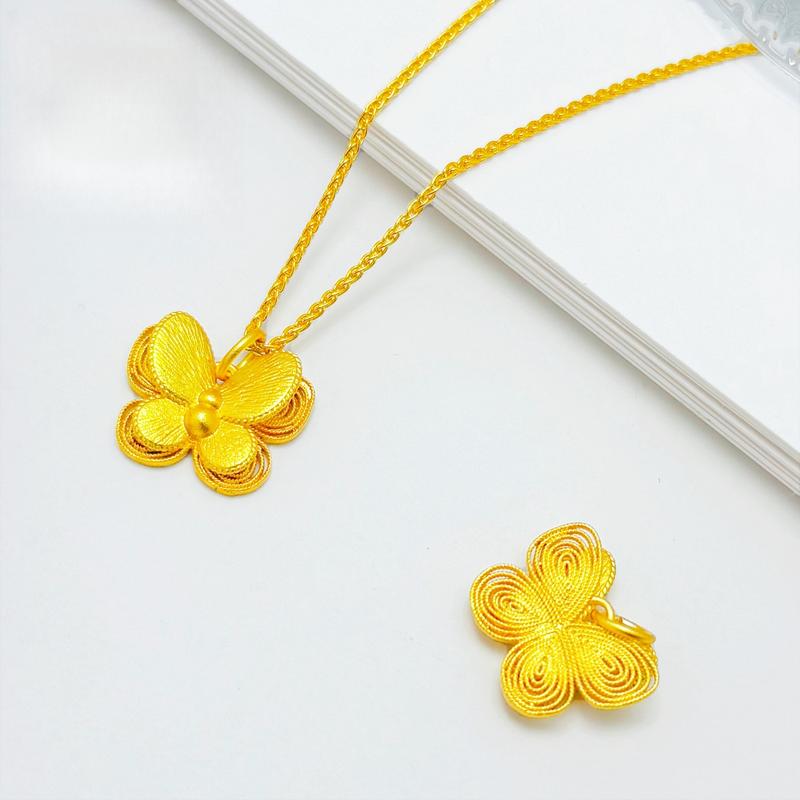 Gold Shop Same Style Ancient Method Sand Gold Double Layer Filigree Butterfly Pendant(L101) New Chinese Style National Trend Three-Dimensional Butterfly Necklace for Women herringbone necklace
