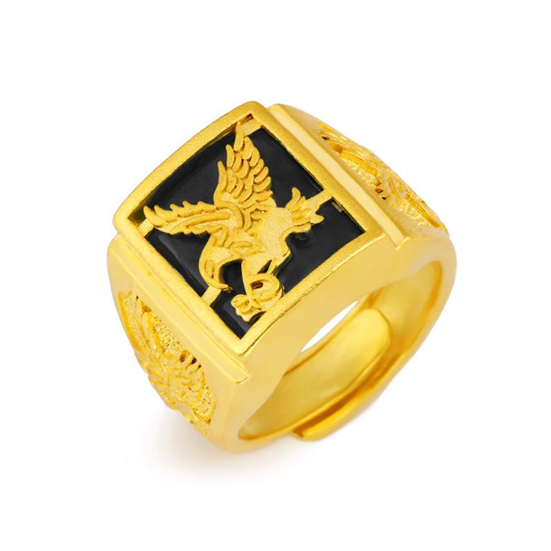 24K Gold Filled Ring for Men Sand Gold Inlaid Jade Ring Eagle Big Boss Ring L034 Imitation Gold Malay Jade Open Adjustable Nature Jewelry