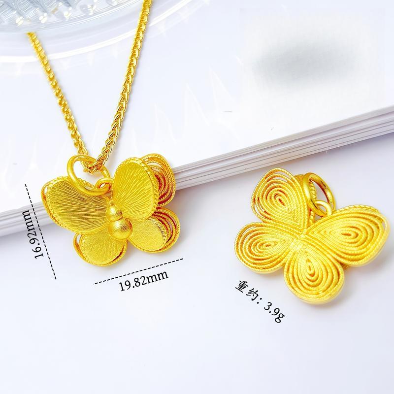 Gold Shop Same Style Ancient Method Sand Gold Double Layer Filigree Butterfly Pendant(L101) New Chinese Style National Trend Three-Dimensional Butterfly Necklace for Women herringbone necklace