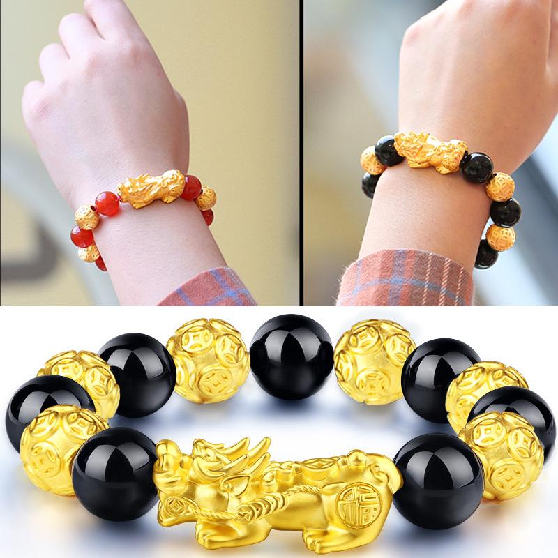 money attraction bracelet Gold Filled Pixiu Bracelet for Men and Women Imitation Gold Pixiu Obsidian Bracelet Copper Material Elegant Design Online Wholesale Women's Jewelry high  appearance  bracelet unique design