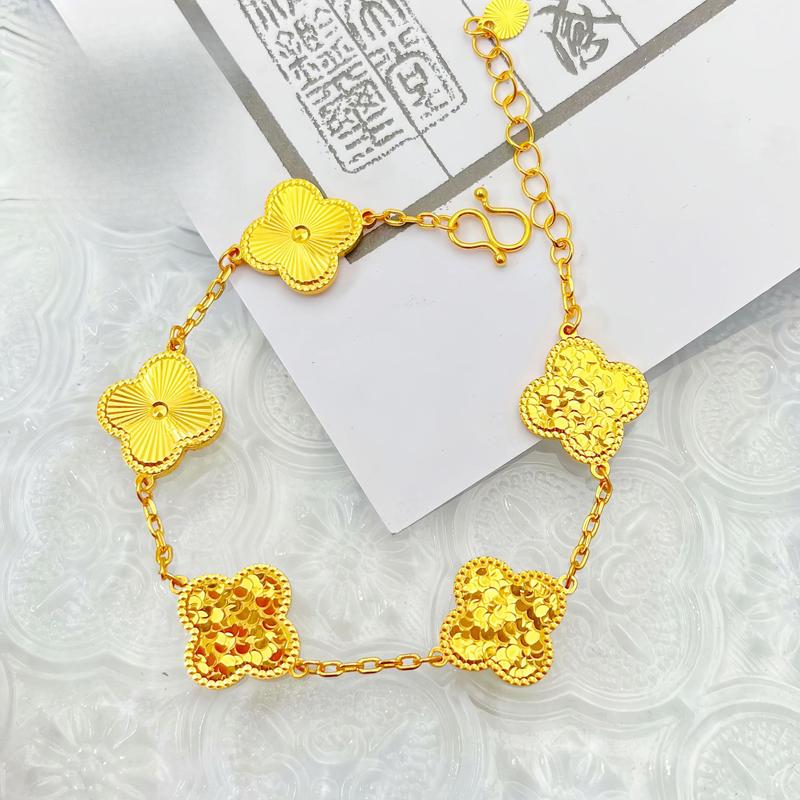 Gold Store Same Style High Color Retention Ancient Method Sand Gold Laser Crushed Ice Four-Leaf Clover Bracelet(L097) with Dragon Scale Lucky Clover Five-Flower Motif for Women
