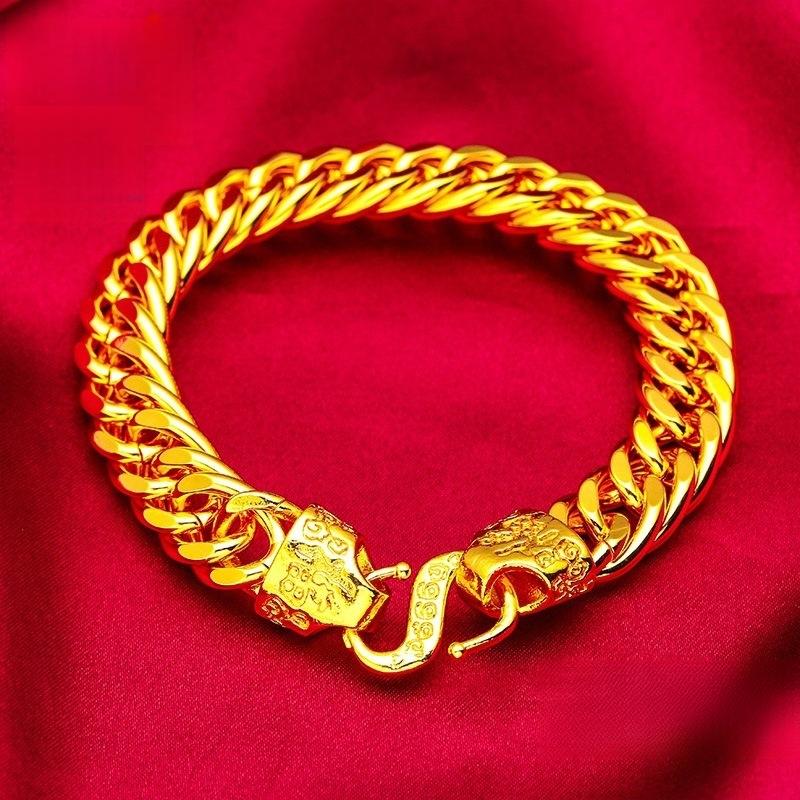 Alluvial Gold Bracelet Gold-Filled Fu Head Boss Bracelet Men's Light Luxury High-Grade Middle-Aged and Elderly Jewelry Imitation Gold Bracelet with Sparkling Gold Finish (l003)