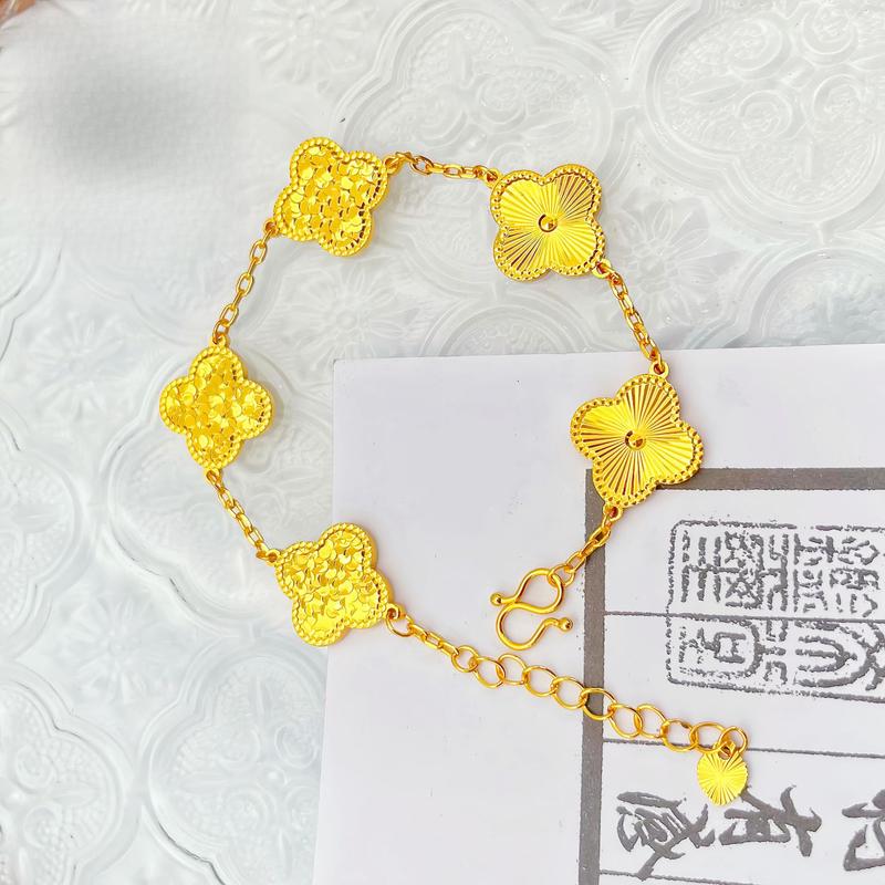 Gold Store Same Style High Color Retention Ancient Method Sand Gold Laser Crushed Ice Four-Leaf Clover Bracelet(L097) with Dragon Scale Lucky Clover Five-Flower Motif for Women