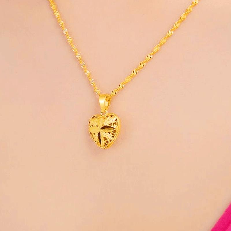 Euro Coin Jewelry Heart-Shaped Water Wave Pendant Chain L038 24K Color Fashion Style Herringbone Necklace for Women Gold Filled Finish All-Matching Fashion Accessory