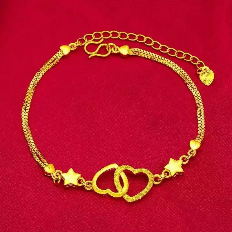 Fashion Imitation Gold Vietnamese Sand Gold Double Heart Bracelet Women's Set Gold-Plated Double Heart Accessories (L014)