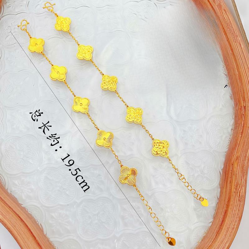 Gold Store Same Style High Color Retention Ancient Method Sand Gold Laser Crushed Ice Four-Leaf Clover Bracelet(L097) with Dragon Scale Lucky Clover Five-Flower Motif for Women