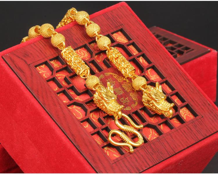 24K Gold Filled Buddha Bead Dragon Head Necklace Men's Vietnamese Sand Gold Hollow Dragon Chain Euro Coin Imitation Gold Round Bead Chain