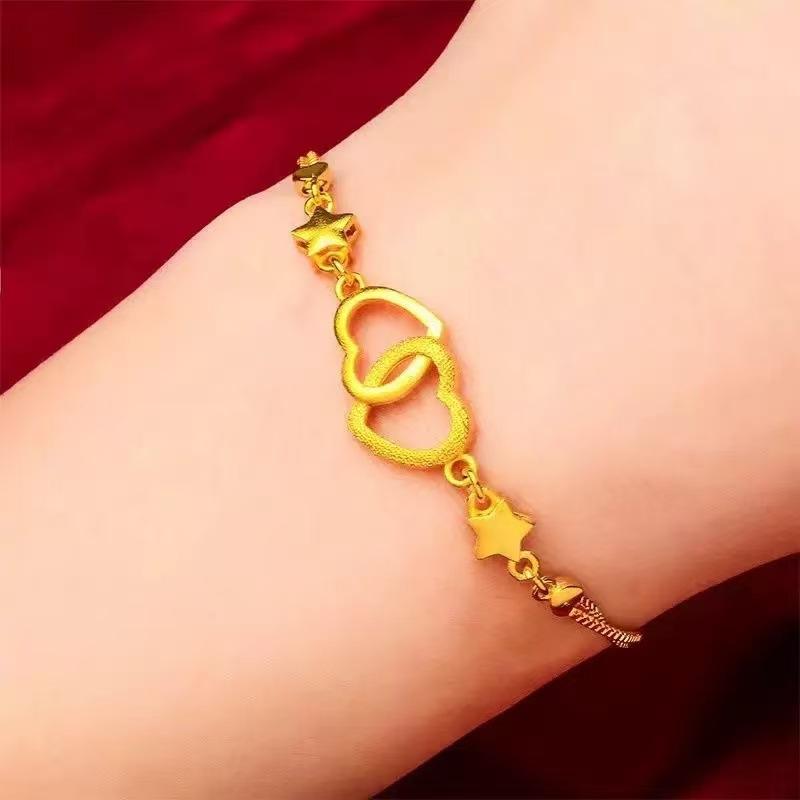 Fashion Imitation Gold Vietnamese Sand Gold Double Heart Bracelet Women's Set Gold-Plated Double Heart Accessories (L014)