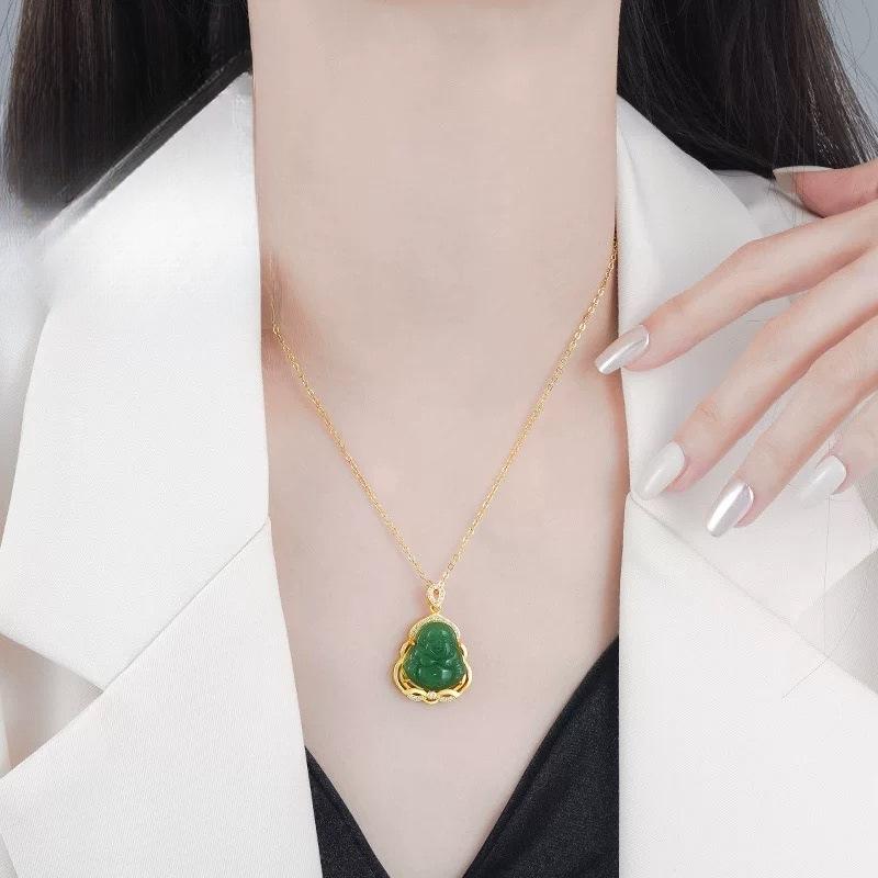 2025 New Smiling Maitreya Buddha Jade Pendant Inlaid Exquisite Simple Selected High-Quality Jewelry Live Broadcast Wholesale daily gift mom ever book necklace unique design