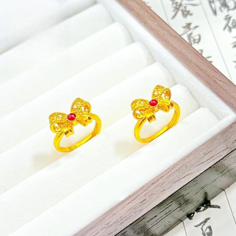Gold Shop Ancient Method Sand Gold Enamel Filigree Bowknot Open Ringfor Women (L098) Affordable 24K Jewelry Classic Design