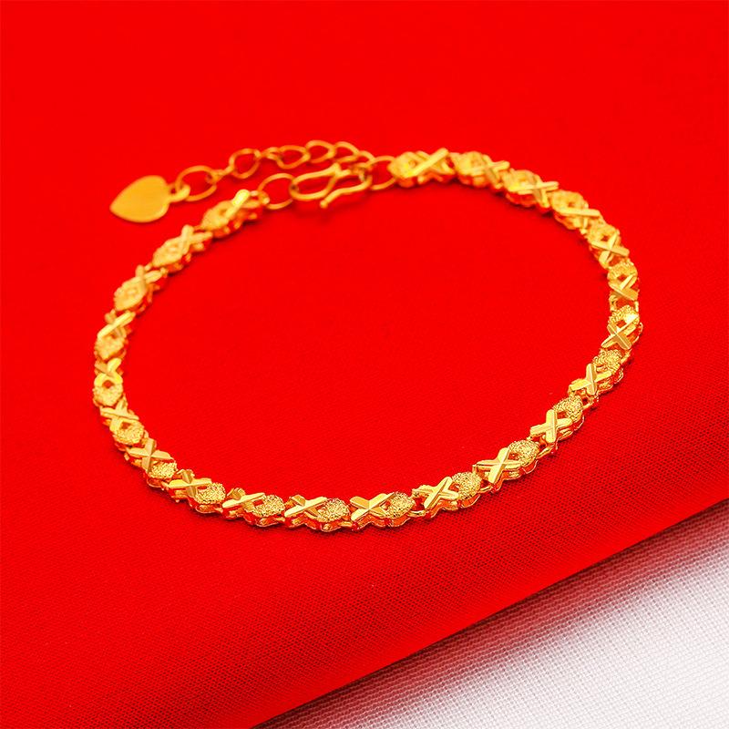 Gold Filled Four-Leaf Bracelet Wedding Vintage 24K Gold Filled Vietnam Sand Gold Phoenix Eye Lucky Grass Bracelet for Women