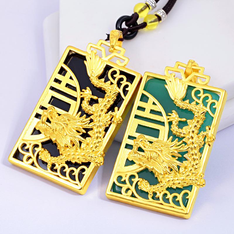 Domineering Laos Sand Gold Green Chalcedony Pendant (L091) for Women Dragon Phoenix Presenting Auspiciousness Gold Inlaid Jade Pendant Chain Ethnic Style Gold Filled Jewelry