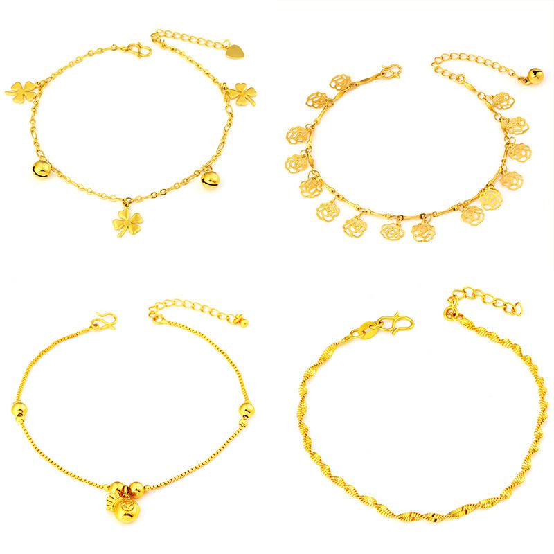 Gold-Filled Anklet (L043) Versatile Four-Leaf Clover Korean Style Bell Lucky Bag Foot Jewelry Long-Lasting Color Women's Beach Accessories Wholesale from Yiwu